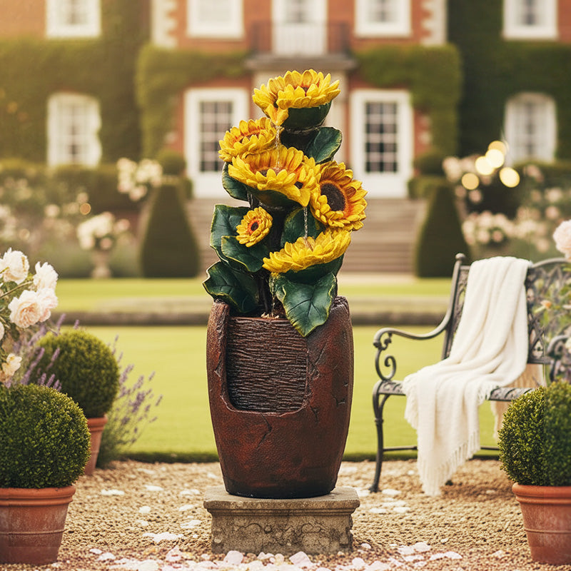 FountJoy 4-Tier Sunflower Cascading Water Fountain - 39.76" H Outdoor Garden LED Water Feature - Soft Shadow Display on Neutral Background