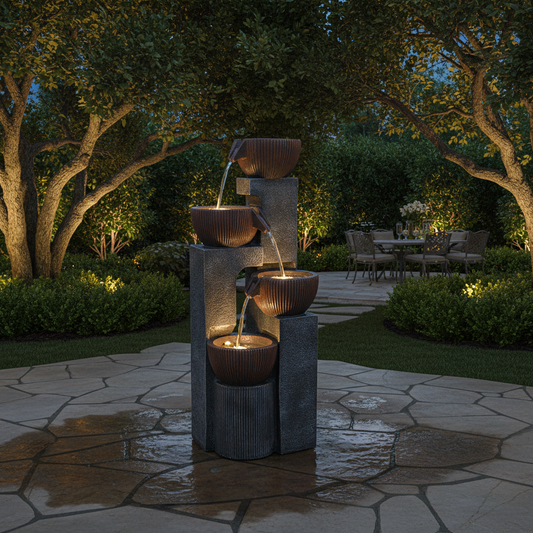 FountJoy LS4190 modern rustic 4-bowl fountain in patio setting – cascading waterfall with warm LED illumination and woodgrain texture for outdoor living and entertaining space

