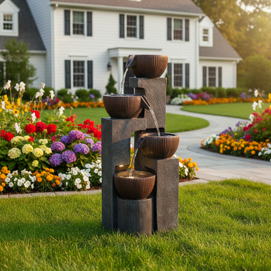 FountJoy LS4190 4-tier dark woodgrain cascading bowl fountain with LED lights – 39.37 inch tall resin floor-standing water feature for garden patio yard porch decor – front view
