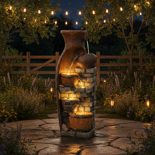 FountJoy LS4610 vintage broken tank and barrel fountain in lawn setting – 6-tier cascading waterfall with warm LED illumination for farmhouse garden and outdoor living space