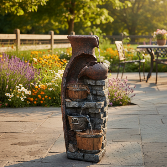 FountJoy LS4610 retro barrel 6-tier cascading water fountain with LED lights – 43.31 inch tall resin farmhouse-style water feature for garden lawn porch patio decor – front view