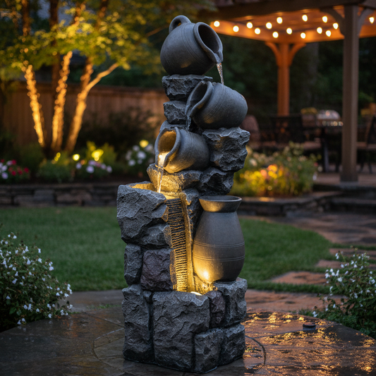 FountJoy LS4612 multifunctional planter fountain in garden setting – 5-tier cascading waterfall with integrated jar for plants and warm LED illumination for outdoor living space