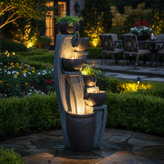FountJoy LS4613 6-tier modern cascading bowl and jar water fountain with 5 built-in LED lights – 49.61 inch tall floor-standing resin water feature for garden patio office home decor – 