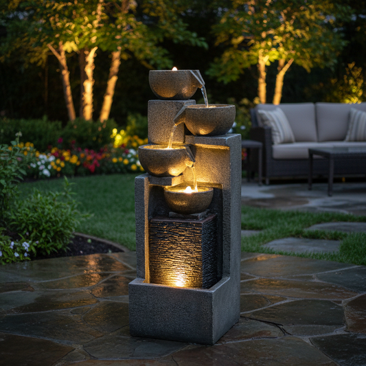 FountJoy LS4626 5-tier bowl fountain on deck – gray and brown cascading waterfall with warm LED illumination for backyard patio and garden relaxation space