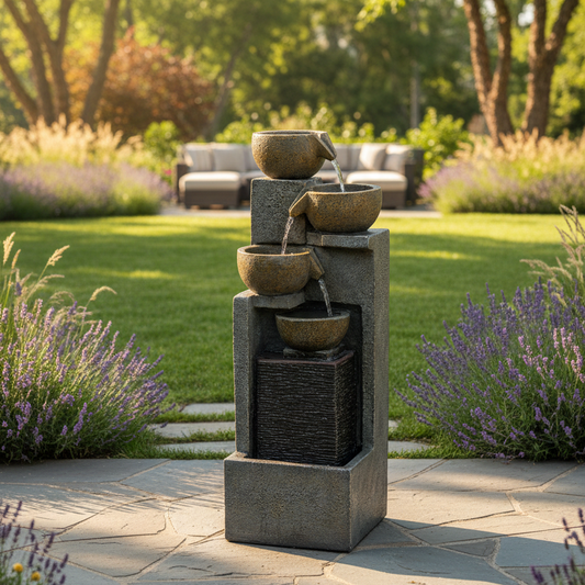 FountJoy LS4626 5-tier modern cascading bowl fountain with LED lights – 37.4 inch tall resin indoor outdoor water feature for home deck patio garden decor – front view


