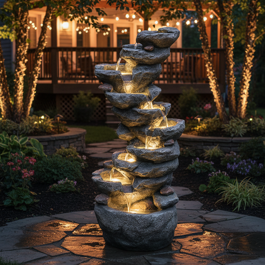 FountJoy LS4629 natural rock-style fountain in garden setting – 10-tier cascading waterfall with warm LED glow for backyard patio and outdoor relaxation space

