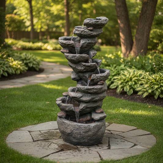 FountJoy LS4629 10-tier cascading rock waterfall fountain with built-in LED lights – 39.76 inch tall resin outdoor water feature for garden patio backyard decor