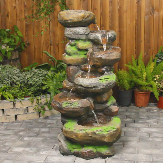 FountJoy 6-Tier Natural Stone Rock LED Water Fountain - Garden Patio Outdoor Decor - Installation Overview and Water Flow Demonstration Video