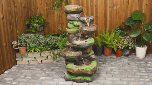 FountJoy 6-Tier Natural Stone Rock LED Water Fountain - Garden Patio Outdoor Decor - Installation Overview and Water Flow Demonstration Video