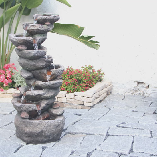 FountJoy 10-Tier Cascading Rock LED Water Fountain - Patio Backyard Deck Porch Pond Decor - Installation Overview and Water Flow Demonstration Video