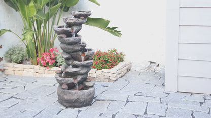 FountJoy 10-Tier Cascading Rock LED Water Fountain - Patio Backyard Deck Porch Pond Decor - Installation Overview and Water Flow Demonstration Video
