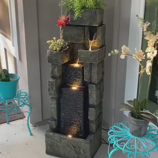 FountJoy Vintage-Style LED Outdoor Water Fountain with classic design details and weathered finish. Built-in LED lights illuminate the cascading water flow, blending traditional aesthetics with modern functionality for garden and patio decoration.