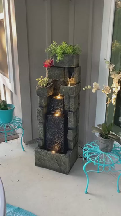 FountJoy Vintage-Style LED Outdoor Water Fountain with classic design details and weathered finish. Built-in LED lights illuminate the cascading water flow, blending traditional aesthetics with modern functionality for garden and patio decoration.