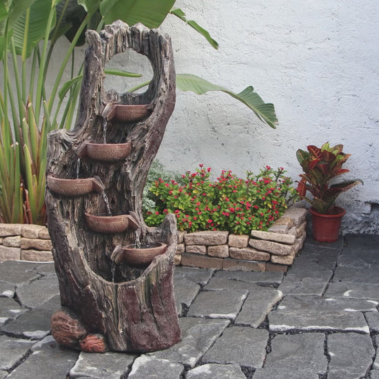 FountJoy 6-Tier Tree Trunk Floor LED Water Fountain - Backyard Patio Porch Lawn Nature Inspired Decor - Installation Overview and Water Flow Demonstration Video