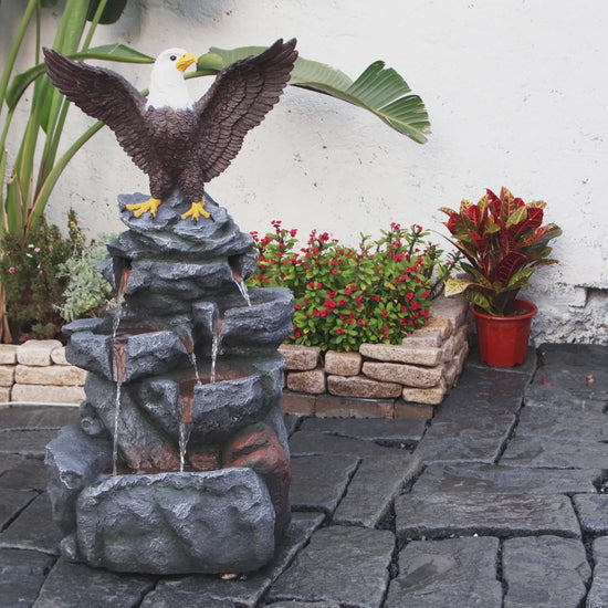 FountJoy Bald Eagle Statue Tiered Rock Water Fountain - Garden Patio Backyard Porch Deck Elegant Decor - Installation Overview and Water Flow Demonstration Video
