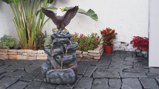 FountJoy Bald Eagle Statue Tiered Rock Water Fountain - Garden Patio Backyard Porch Deck Elegant Decor - Installation Overview and Water Flow Demonstration Video