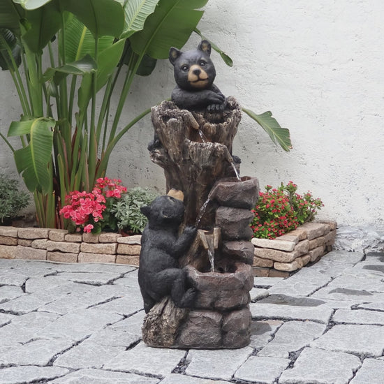 FountJoy 5-Tier Black Bears Climbing Tree Water Fountain - Farmhouse Patio Backyard Lawn Decor - Installation Overview and Water Flow Demonstration Video