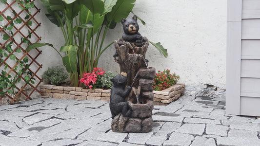 FountJoy 5-Tier Black Bears Climbing Tree Water Fountain - Farmhouse Patio Backyard Lawn Decor - Installation Overview and Water Flow Demonstration Video