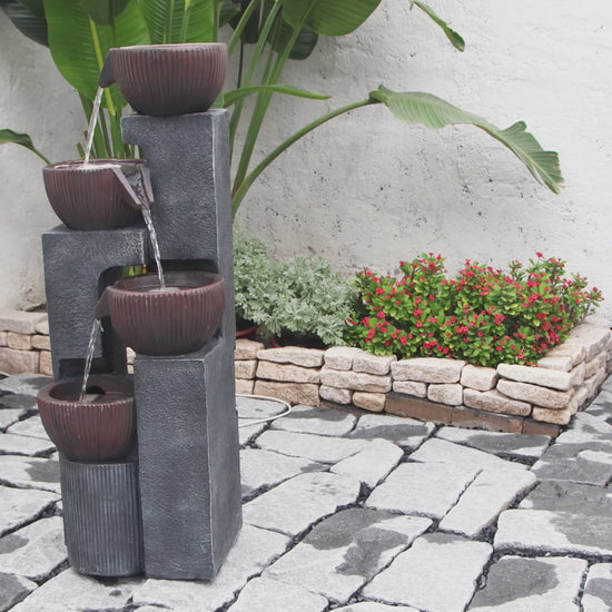 FountJoy 4-Bowl Cascading LED Water Fountain - Garden Patio Yard Decor - Installation Overview and Water Flow Demonstration Video