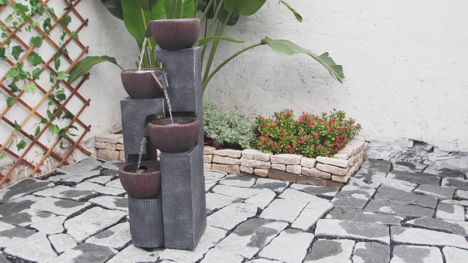 FountJoy 4-Bowl Cascading LED Water Fountain - Garden Patio Yard Decor - Installation Overview and Water Flow Demonstration Video