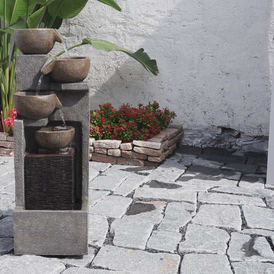 FountJoy 5-Tier Modern Natural LED Water Fountain - Home Deck Patio Porch Yard Decor - Installation Overview and Water Flow Demonstration Video