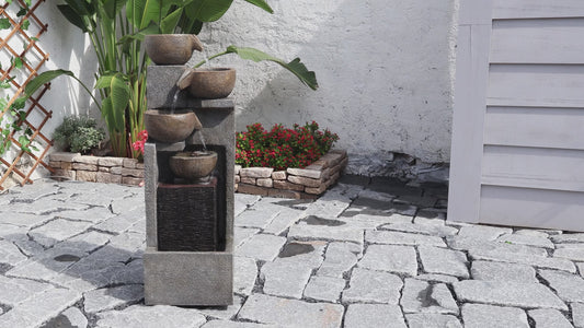 FountJoy 5-Tier Modern Natural LED Water Fountain - Home Deck Patio Porch Yard Decor - Installation Overview and Water Flow Demonstration Video