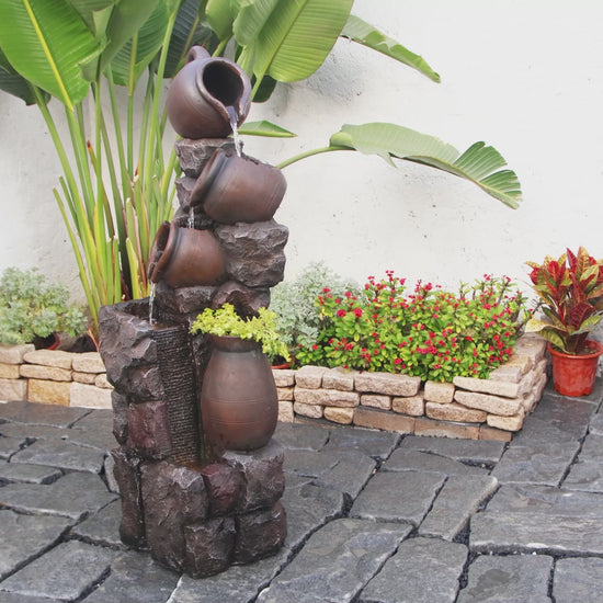 FountJoy 5-Tier Planter Pot LED Water Fountain - Garden Patio Porch Backyard Decor - Installation Overview and Water Flow Demonstration Video