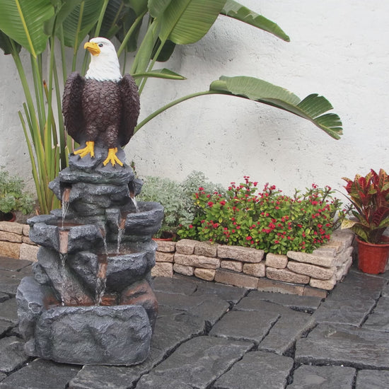 FountJoy Bald Eagle Statue Tiered Rock LED Water Fountain - Garden Patio Backyard Deck Porch Decor - Installation Overview and Water Flow Demonstration Video