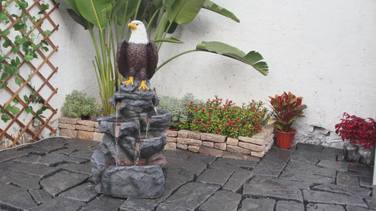 FountJoy Bald Eagle Statue Tiered Rock LED Water Fountain - Garden Patio Backyard Deck Porch Decor - Installation Overview and Water Flow Demonstration Video