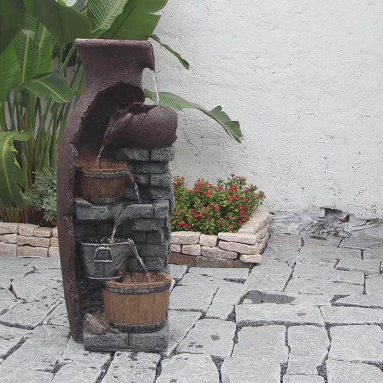 FountJoy 6-Tier Retro Barrel LED Water Fountain - Lawn Porch Deck Farmhouse Decor - Installation Overview and Water Flow Demonstration Video