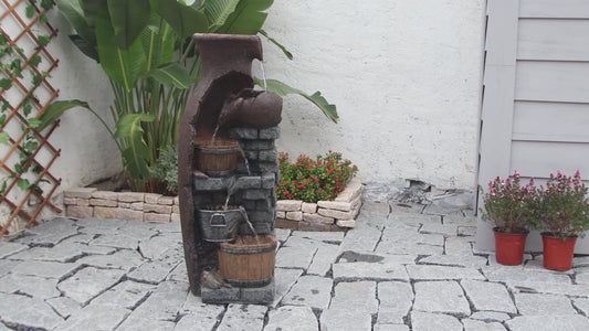 FountJoy 6-Tier Retro Barrel LED Water Fountain - Lawn Porch Deck Farmhouse Decor - Installation Overview and Water Flow Demonstration Video