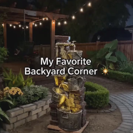 FountJoy 3-Tier Rustic Rock LED Outdoor Water Fountain with warm-toned built-in lights, polyresin construction featuring a natural rock cascade design. Three tiers deliver flowing water for garden, patio, and backyard decoration day and night.
