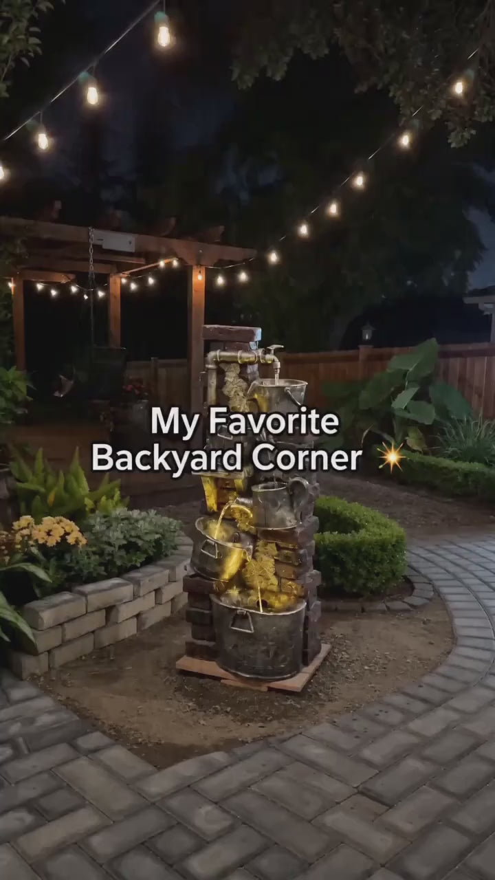 FountJoy 3-Tier Rustic Rock LED Outdoor Water Fountain with warm-toned built-in lights, polyresin construction featuring a natural rock cascade design. Three tiers deliver flowing water for garden, patio, and backyard decoration day and night.