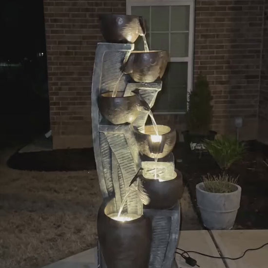 FountJoy LED Outdoor Water Fountain designed for garden and patio placement, featuring multi-tier cascading water flow with integrated lighting. A durable and attractive water feature suitable for backyard decoration and outdoor entertaining spaces.
