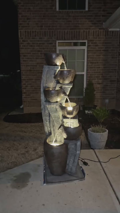 FountJoy LED Outdoor Water Fountain designed for garden and patio placement, featuring multi-tier cascading water flow with integrated lighting. A durable and attractive water feature suitable for backyard decoration and outdoor entertaining spaces.