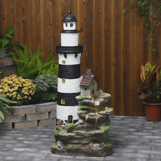 FountJoy Lighthouse Rock 3-Tier LED Water Fountain - Outdoor Garden Decor Features Video