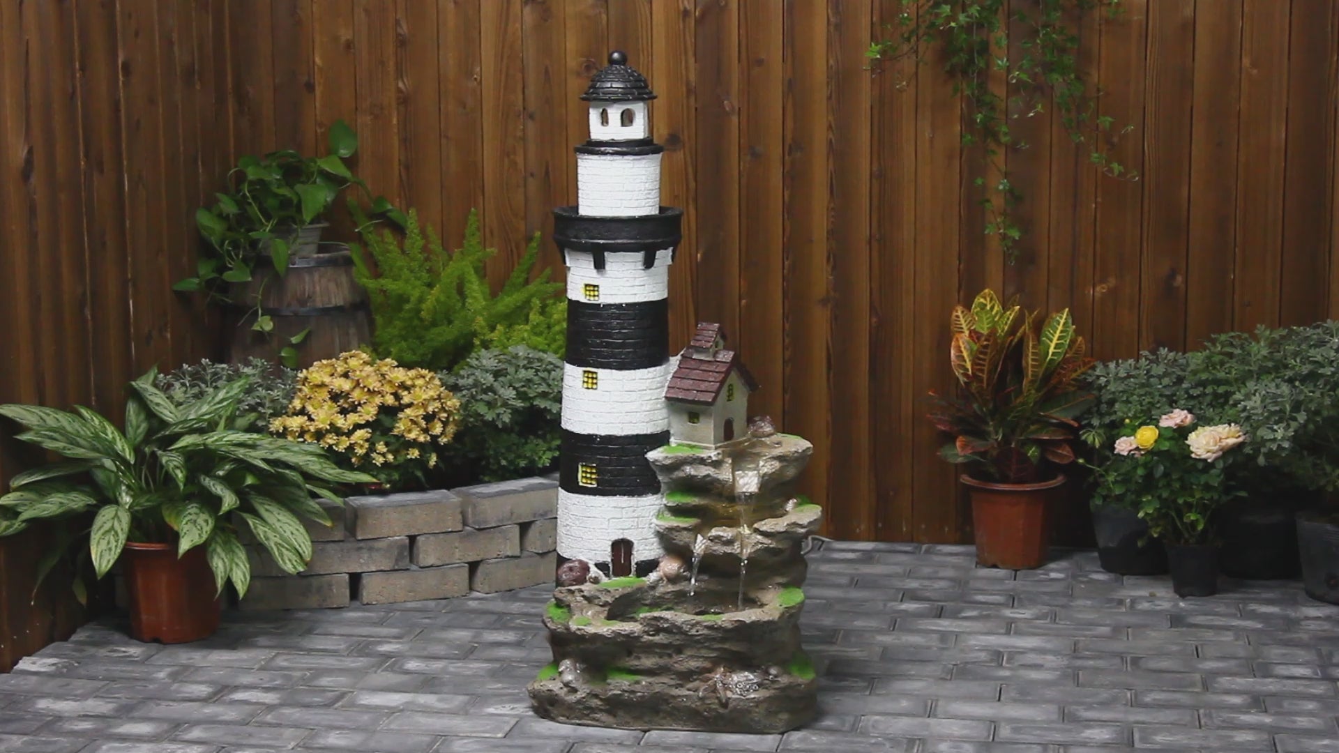 FountJoy Lighthouse Rock 3-Tier LED Water Fountain - Outdoor Garden Decor Features Video