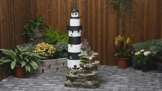 FountJoy Lighthouse Rock 3-Tier LED Water Fountain - Outdoor Garden Decor Features Video