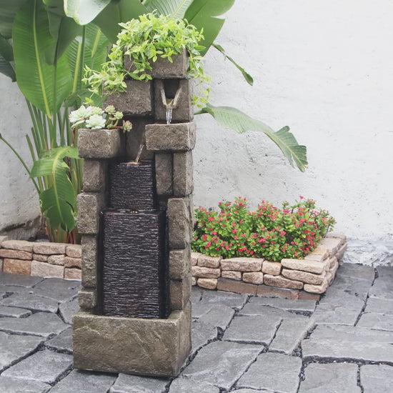 FountJoy Modern Stacking Bricks LED Water Fountain - Garden Landscaping Patio Balcony Decor - Installation Overview and Water Flow Demonstration Video