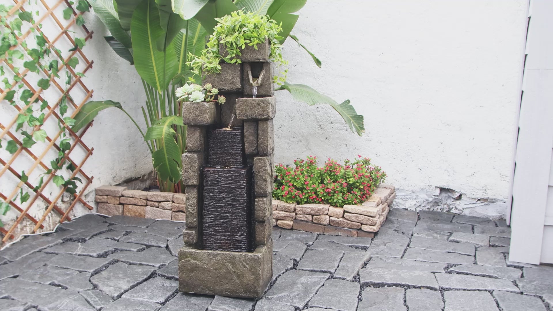FountJoy Modern Stacking Bricks LED Water Fountain - Garden Landscaping Patio Balcony Decor - Installation Overview and Water Flow Demonstration Video