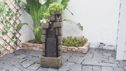 FountJoy Modern Stacking Bricks LED Water Fountain - Garden Landscaping Patio Balcony Decor - Installation Overview and Water Flow Demonstration Video