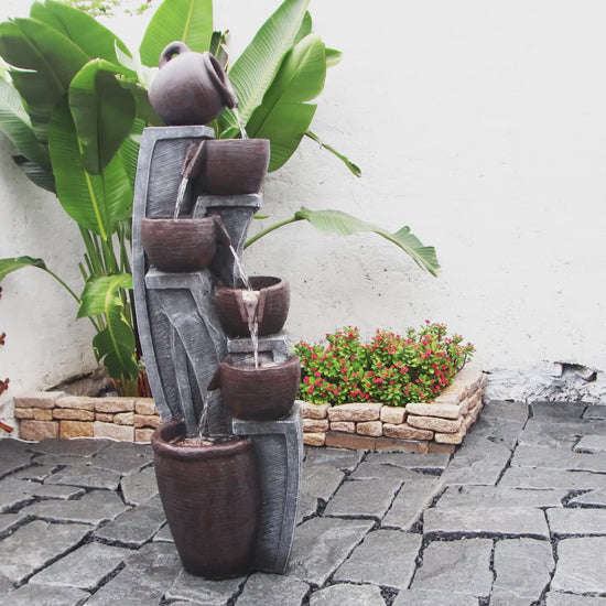 FountJoy 6-Tier Modern Bowl Jar LED Water Fountain - Home Office Garden Patio Decor - Installation Overview and Water Flow Demonstration Video