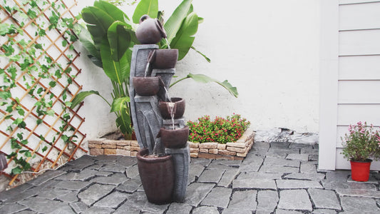 FountJoy 6-Tier Modern Bowl Jar LED Water Fountain - Home Office Garden Patio Decor - Installation Overview and Water Flow Demonstration Video