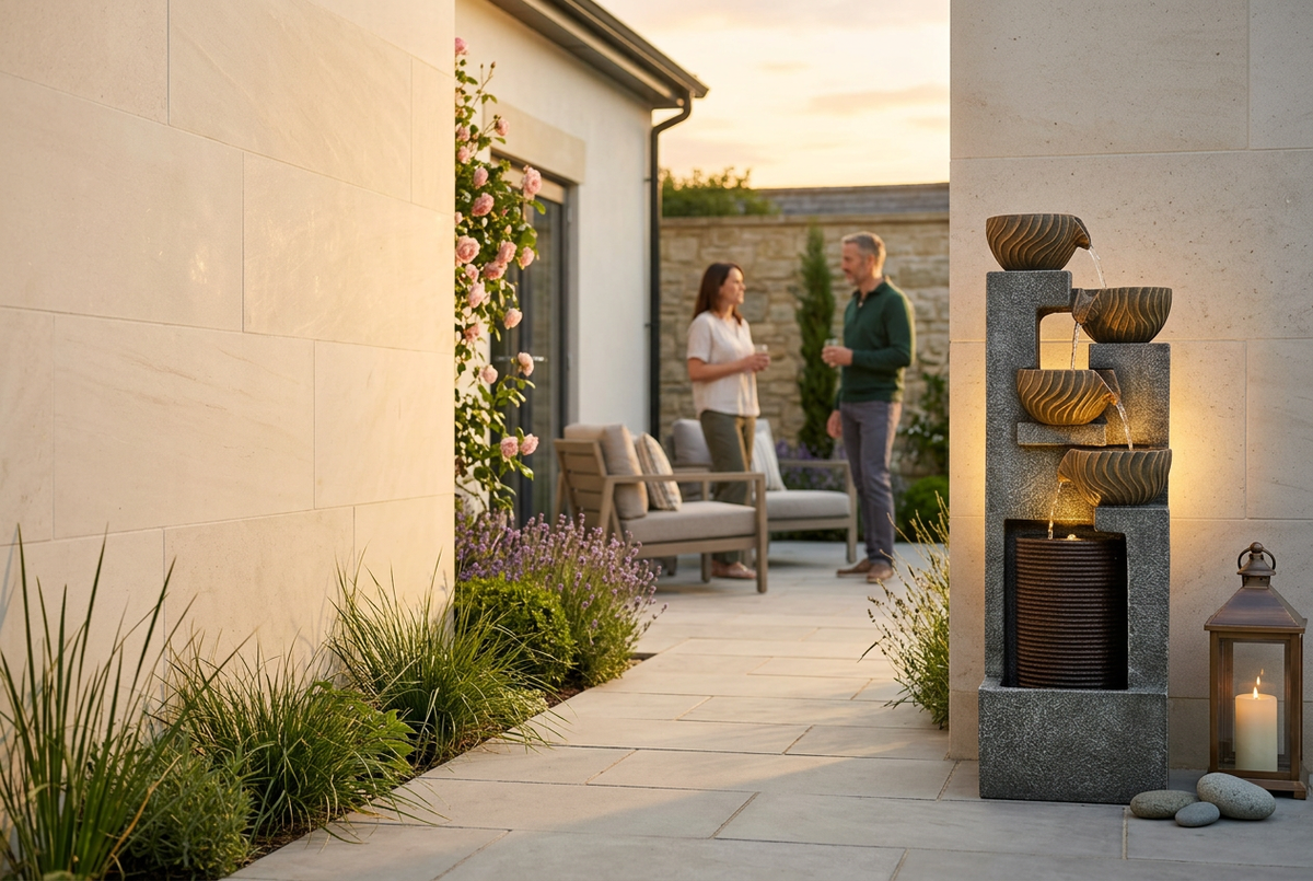 FOUNTJOY LS4628 fountain with four bronze-colored cascading bowls and a gray stepped frame in a planted stone courtyard.