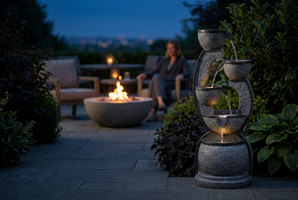 Gray FOUNTJOY 8002 fountain with illuminated cascading bowls, surrounded by patio plants with a fire bowl and seated woman behind it.